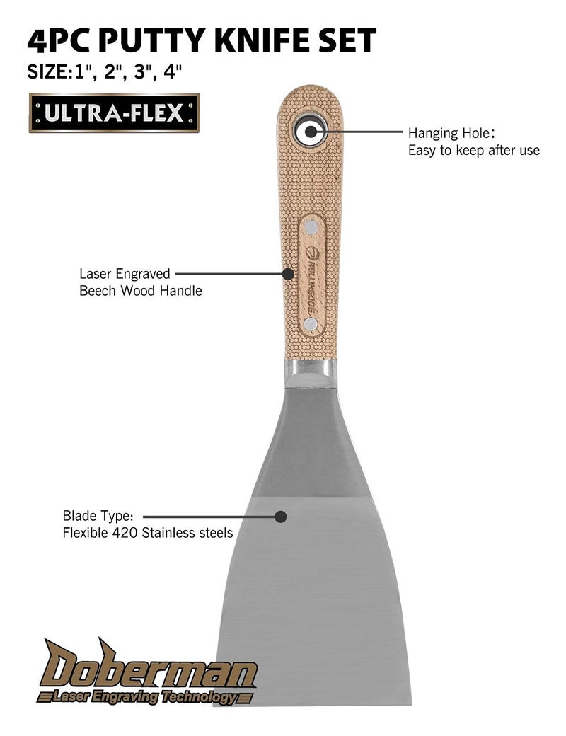 ROLLINGDOG 4PC Putty Knife Scrapers - Stainless Steel Spackle Knife Set with Laser Engraved Wood Handle for Scrapering,Drywall Repairs and Spreading(1",2",3",4") - Image 3